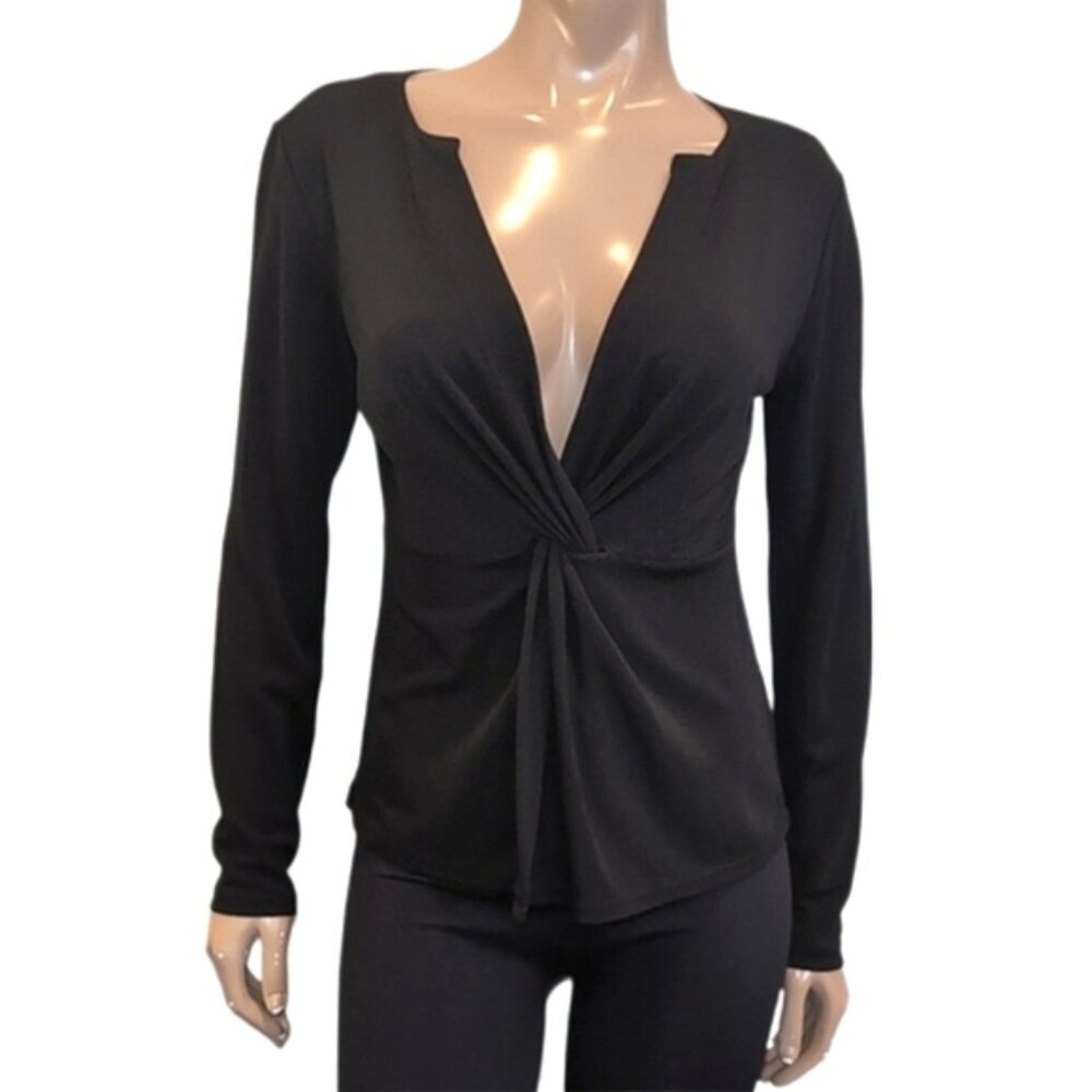 DKNY Long Sleeve Twist Front Top Plunging Split Vneck Draped Black Blouse